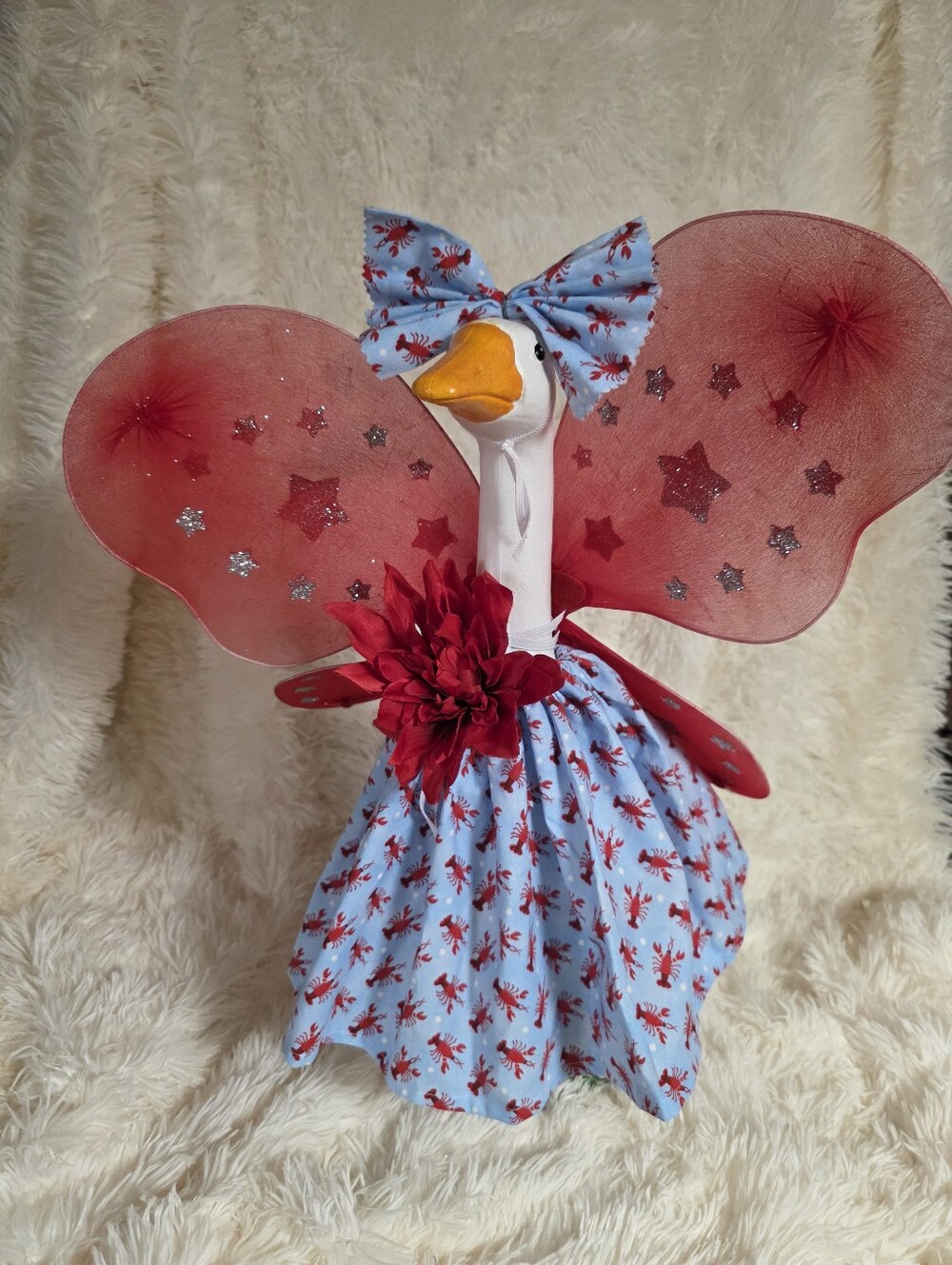 19" Handmade Red & Blue Crawfish Dress with Decorative Wings